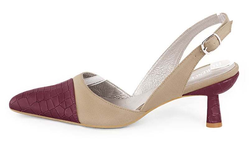 Burgundy red and tan beige women's slingback shoes. Tapered toe. Medium spool heels. Profile view - Florence KOOIJMAN